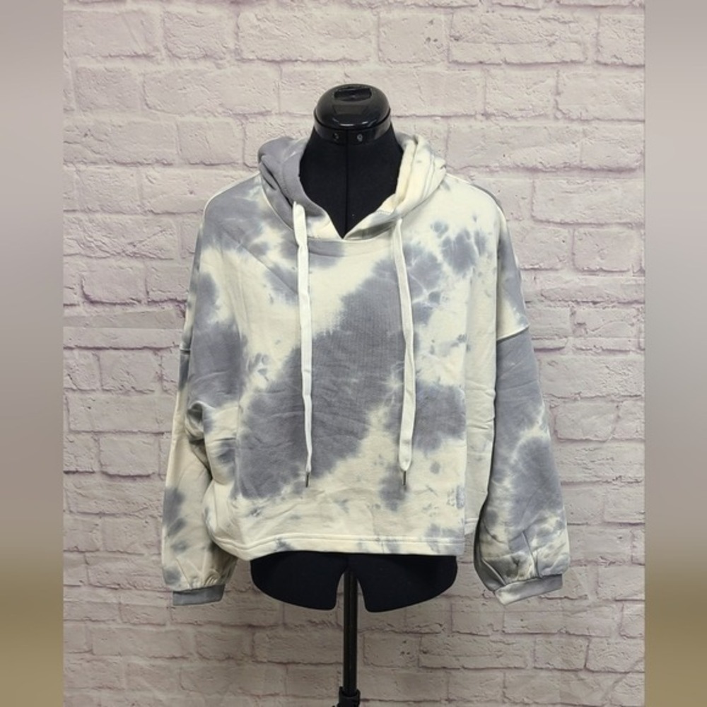 Elodie Grey White Tie‎ Dye Cropped Hoodie Pullover Sweatshirt Womens Large NEW
